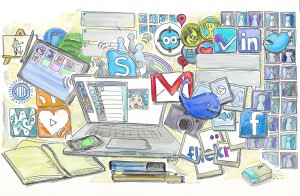 Sketches of different social media icons and a computer